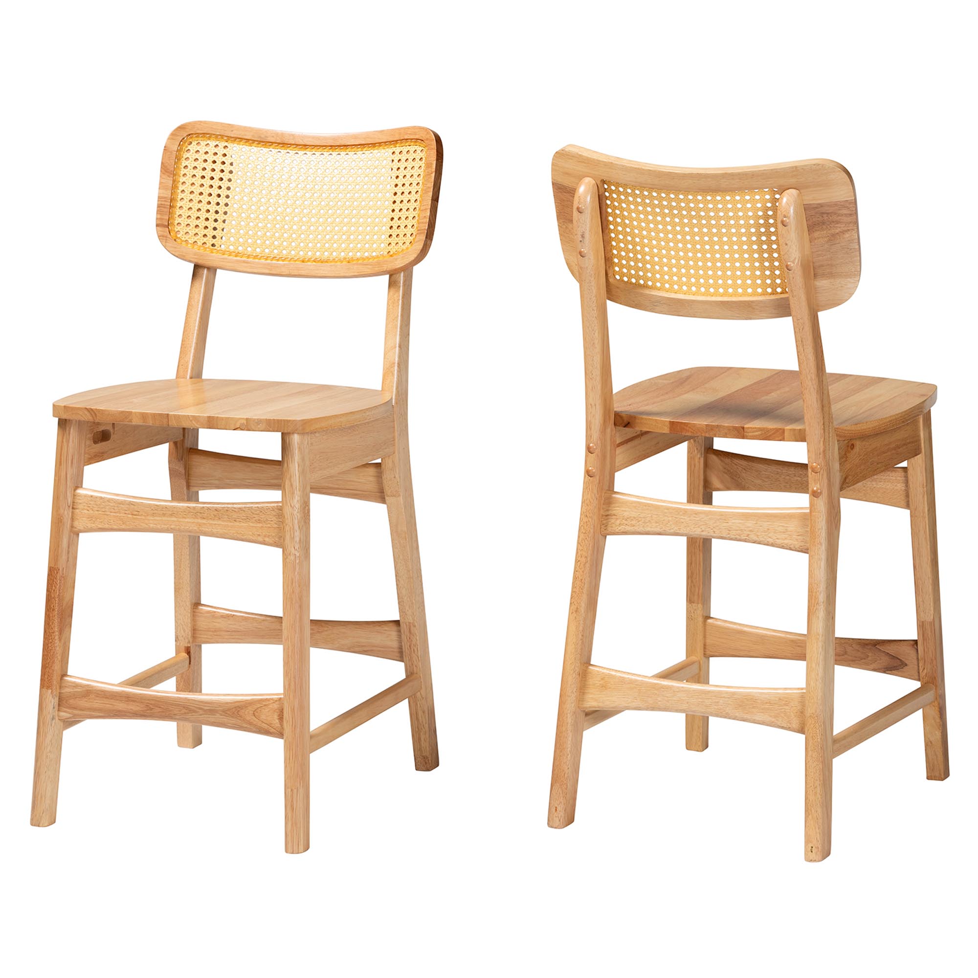 Baxton Studio Tadeo Mid-Century Modern Oak Brown Finished Wood and Rattan 2-Piece Counter Stool Set